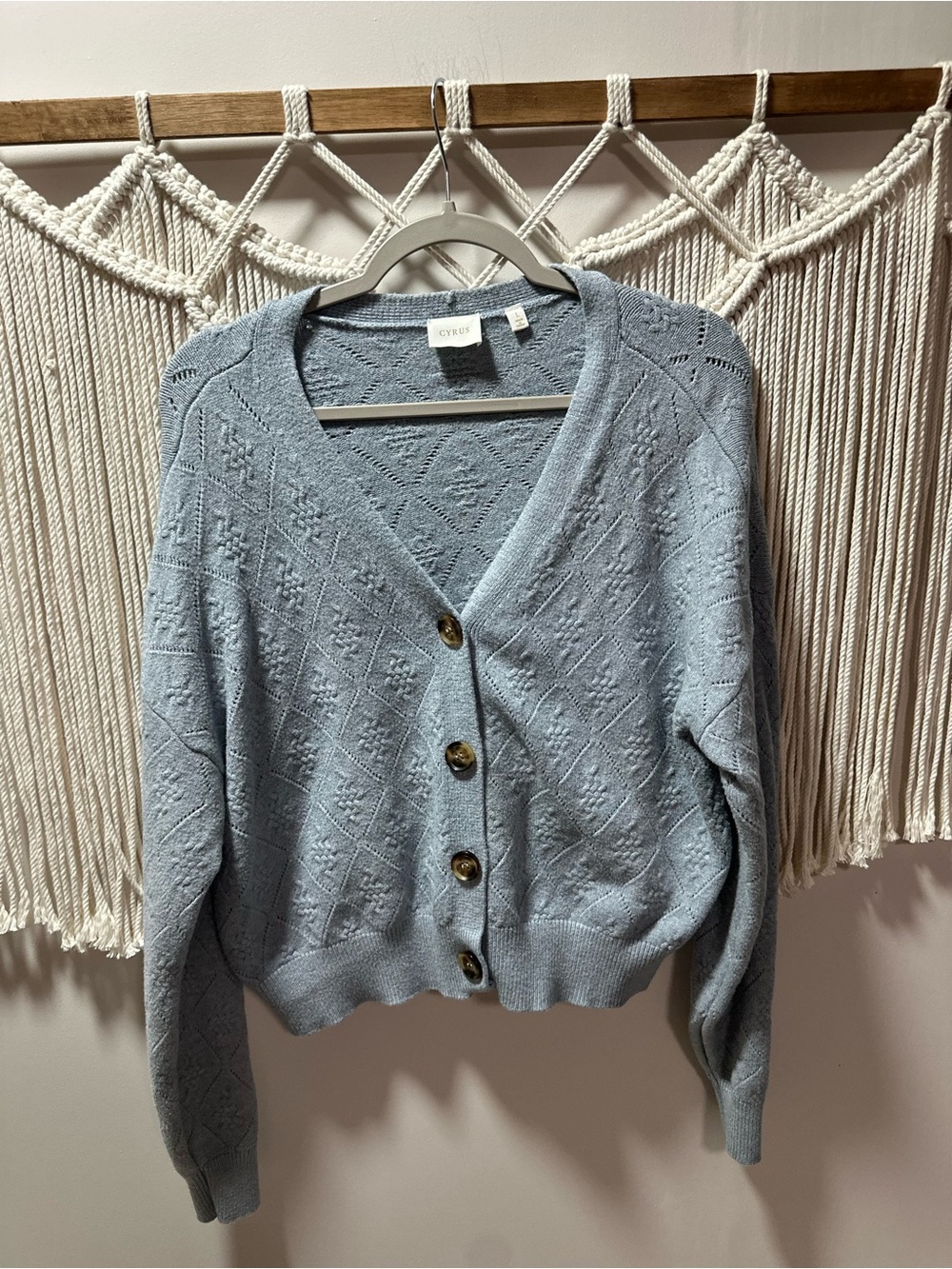 Cyrus Pale Blue Diamond-Knit Button Front Cardigan